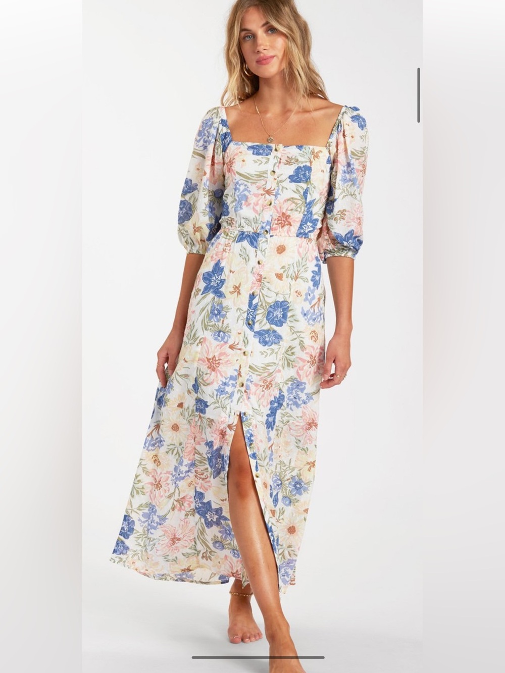 Billabong Floral Maxi Dress in Cream, Blue and Pink - great for gender reveal!